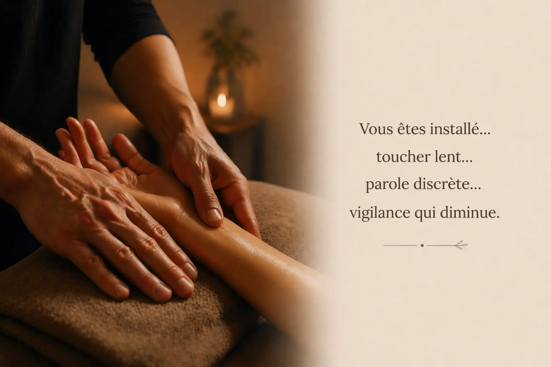Massage des mains en hypnose corporelle à Orléans avec toucher lent et relaxant